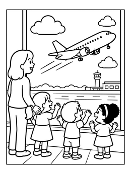Free printable Family Watching Airplane Take Off coloring page