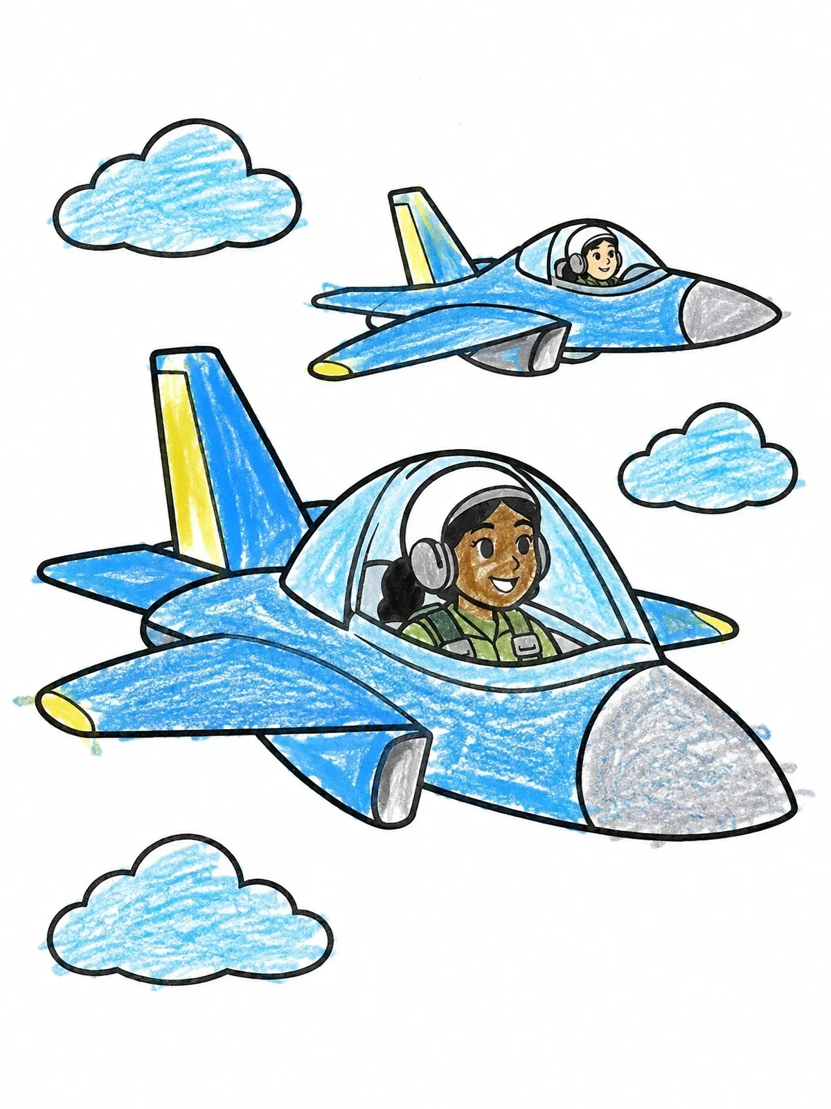 Colored example of the Jet Pilots Flying In Formation coloring page