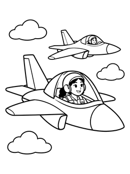 Two cartoon fighter jets in flight featured on a pilot coloring page.