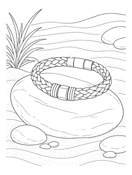 A braided leather bracelet rests on a smooth river stone in this jewelry coloring page.