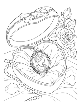 A vintage cameo brooch resting in a heart box on this jewelry coloring page.