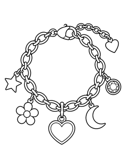 A detailed charm bracelet with various cute pendants on this jewelry coloring page.