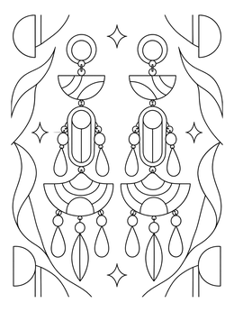 Geometric chandelier earrings on this jewelry coloring page with stars and abstract shapes.