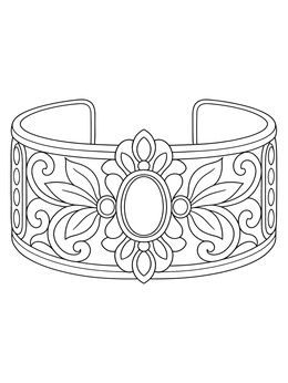 An ornate cuff bracelet on this jewelry coloring page with floral engravings and a central gem.