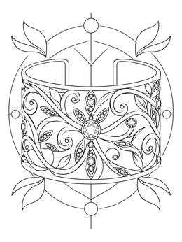 An ornate floral arm cuff adorns this jewels coloring page with filigree vines and crystals.