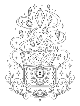 An ornate lockbox opens to release swirling crystals on this jewels coloring page.