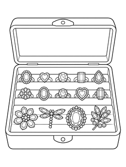 An open jewelry box filled with rings and brooches in a jewels coloring page.