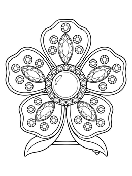 An ornate floral brooch sparkles in this jewels coloring page with faceted gemstones and a pearl center.