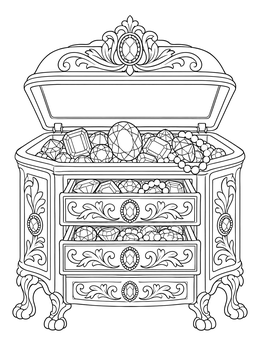 An ornate jewelry casket filled with precious stones on this jewels coloring page.
