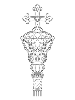 An ornate royal scepter crowned with a cross on this jewels coloring page.
