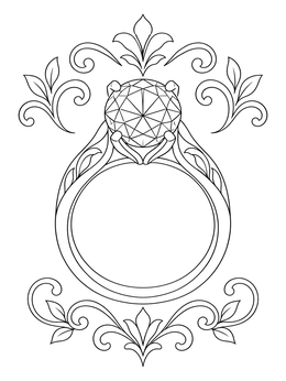 An ornate solitaire diamond ring framed by leaves on this jewels coloring page.