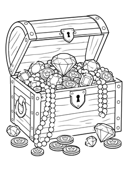 An open treasure chest filled with pearls and gems on this jewels coloring page.