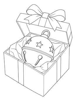 A decorative jingle bell resting inside an open present on this bell coloring page.