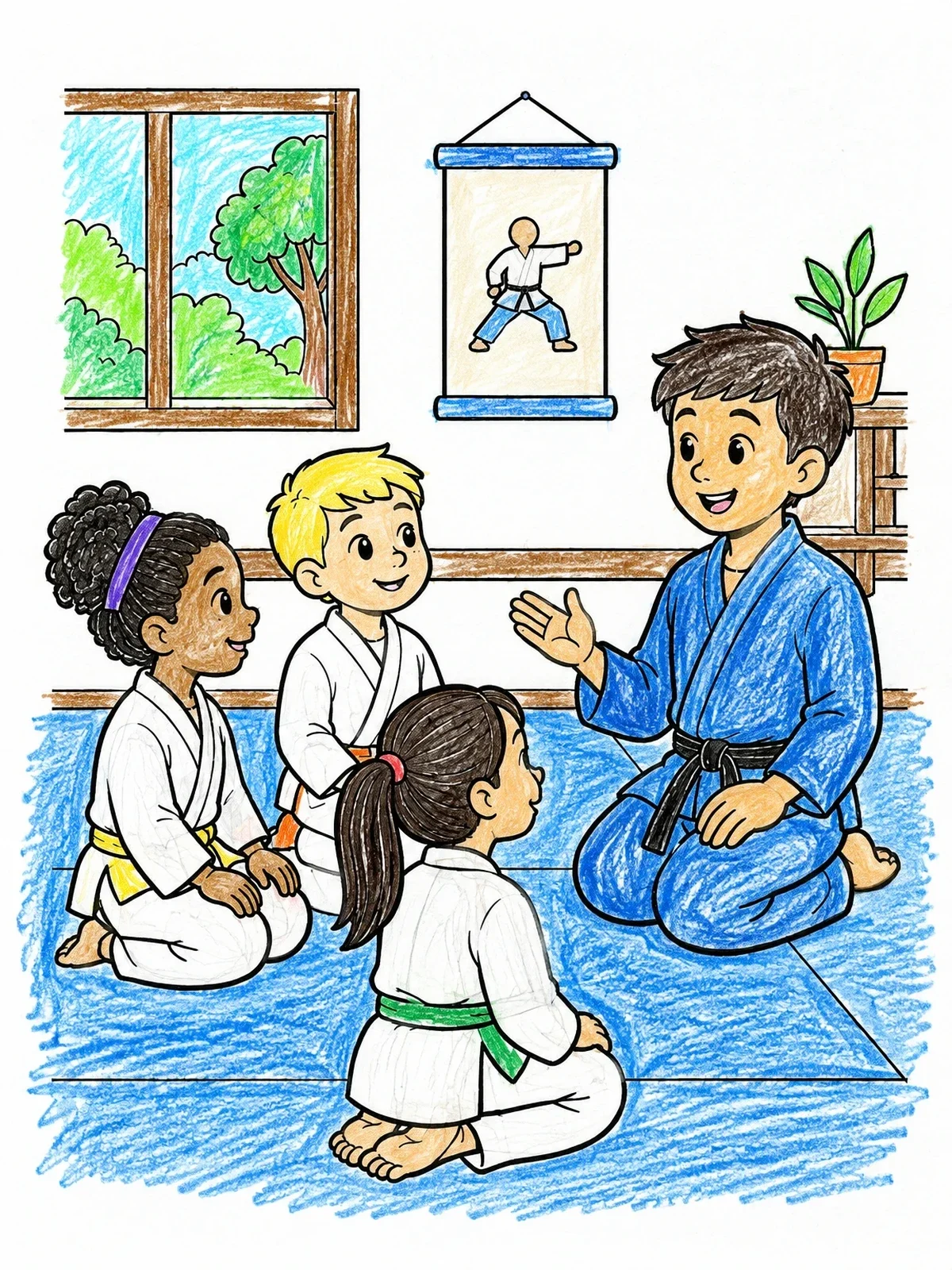 Colored example of the Martial Arts Class With Instructor coloring page