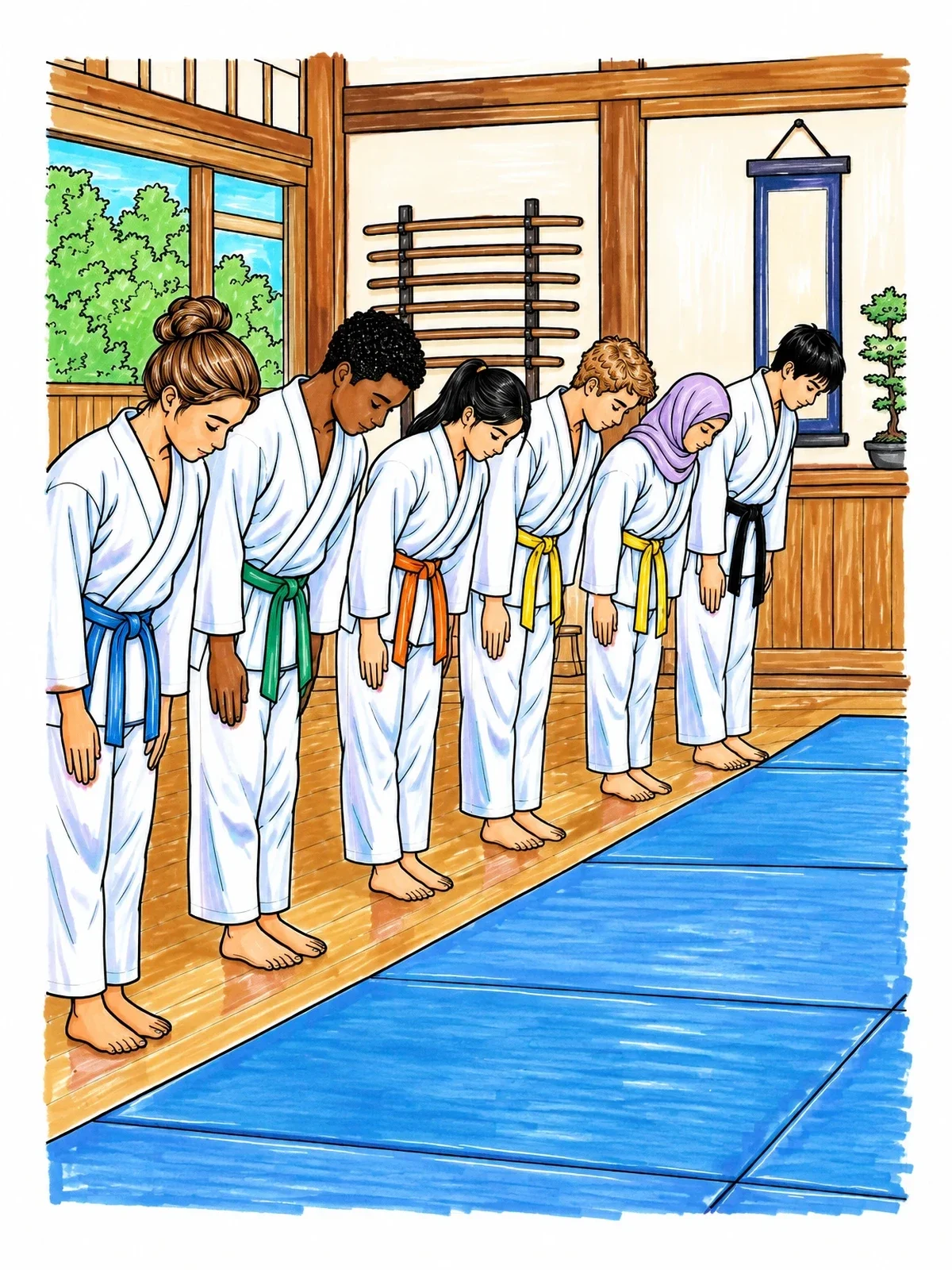 Colored example of the Martial Arts Students Bowing Together coloring page