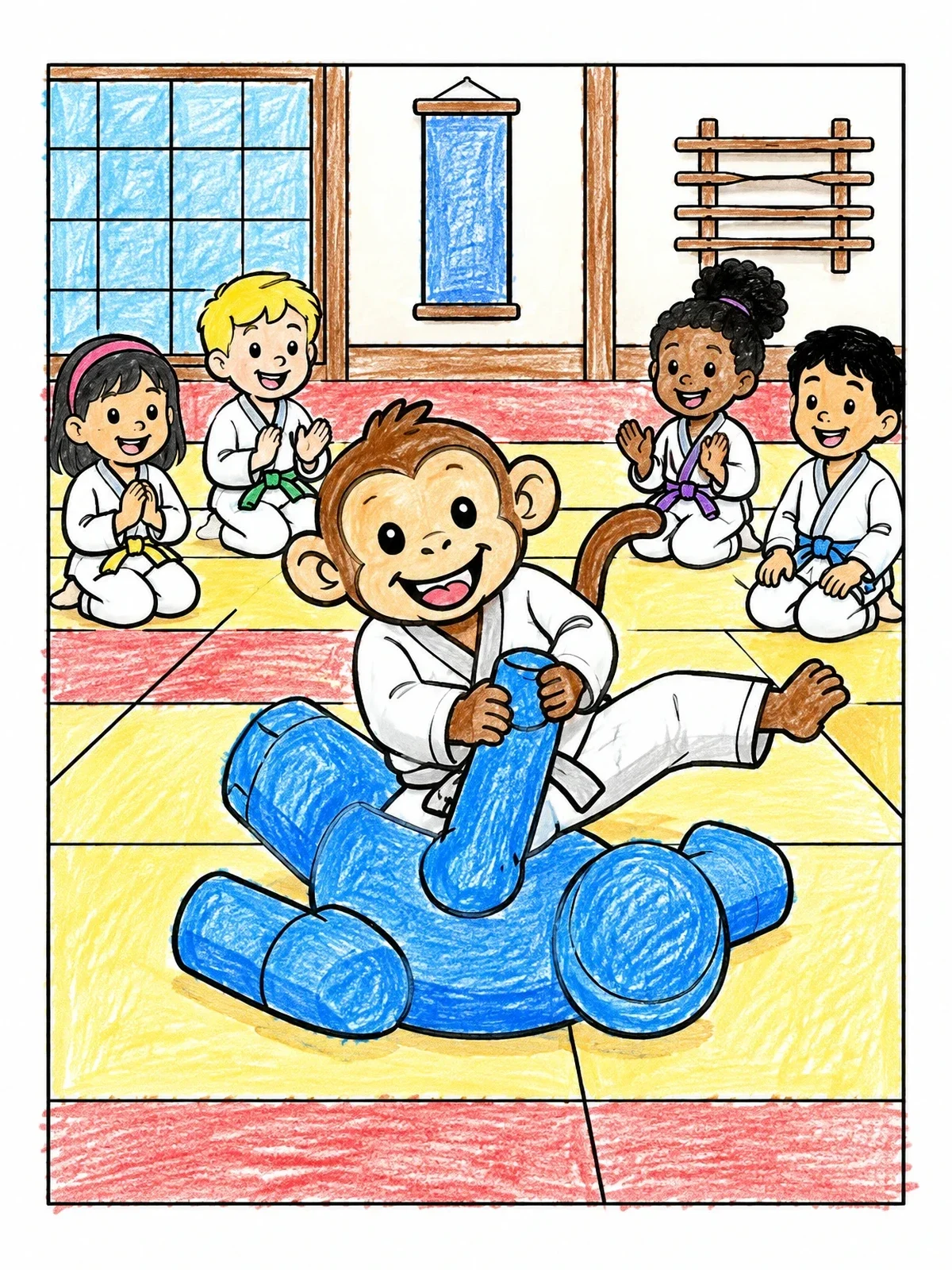 Colored example of the Monkey Grappling A Training Dummy coloring page
