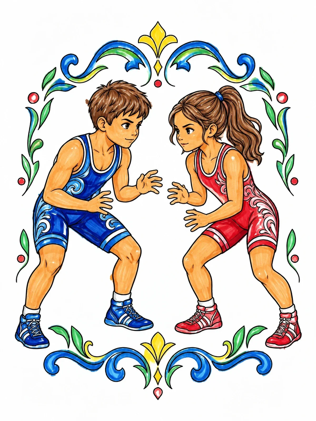 Colored example of the Youth Grapplers In Ready Stance coloring page