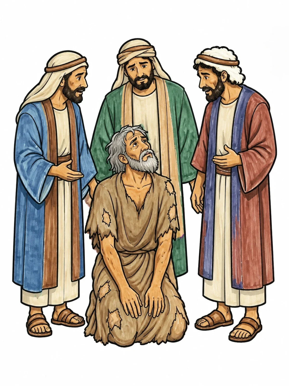 Colored example of the Job And His Three Friends coloring page