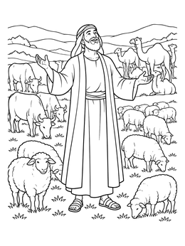 A joyful job bible coloring page showing Job surrounded by sheep, cattle, and camels in a pasture.