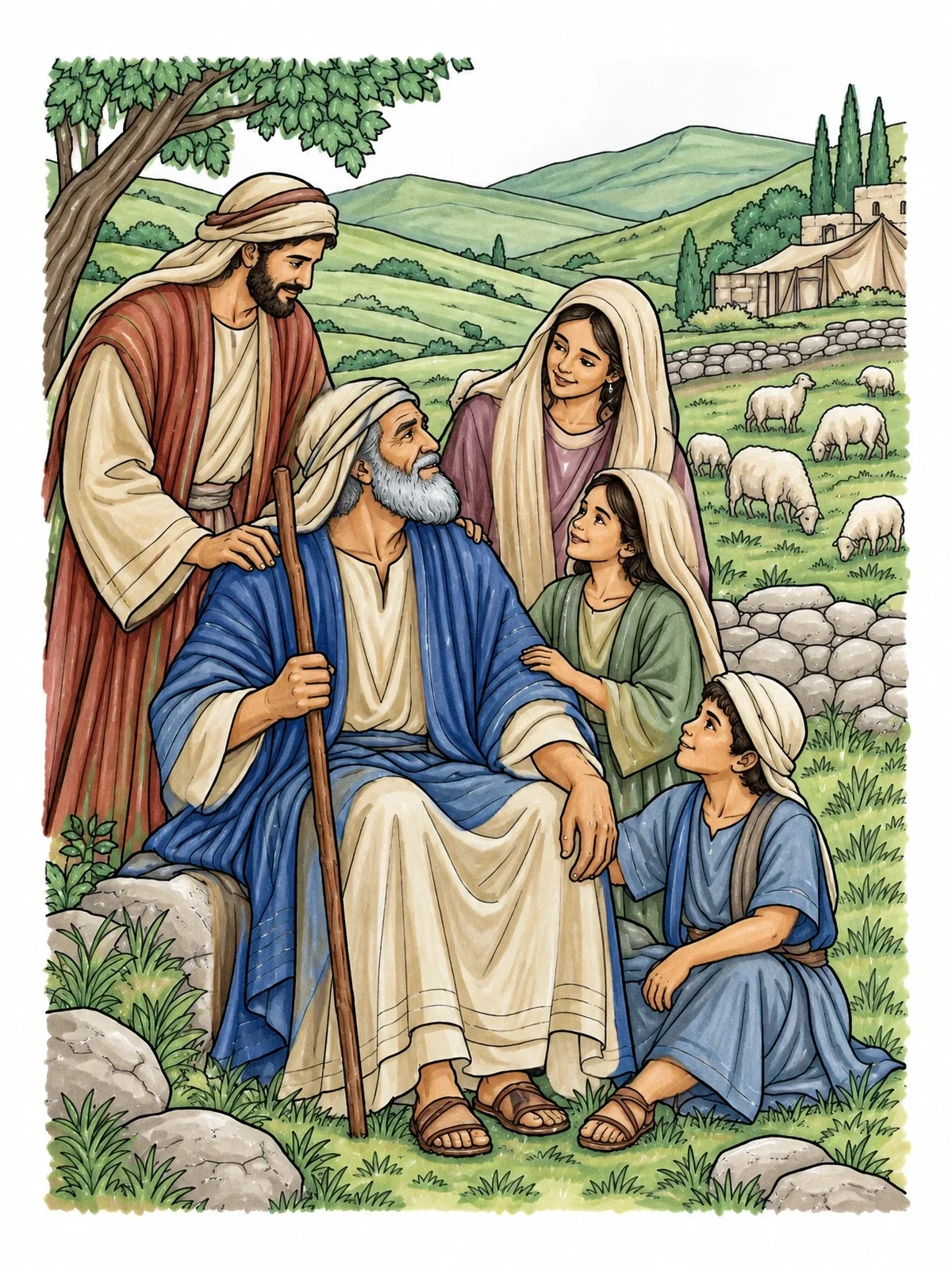 Colored example of the Job Blessed With His Loving Family coloring page