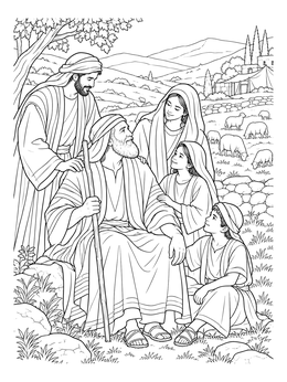An inspiring job bible coloring page depicting Job surrounded by his family and sheep.