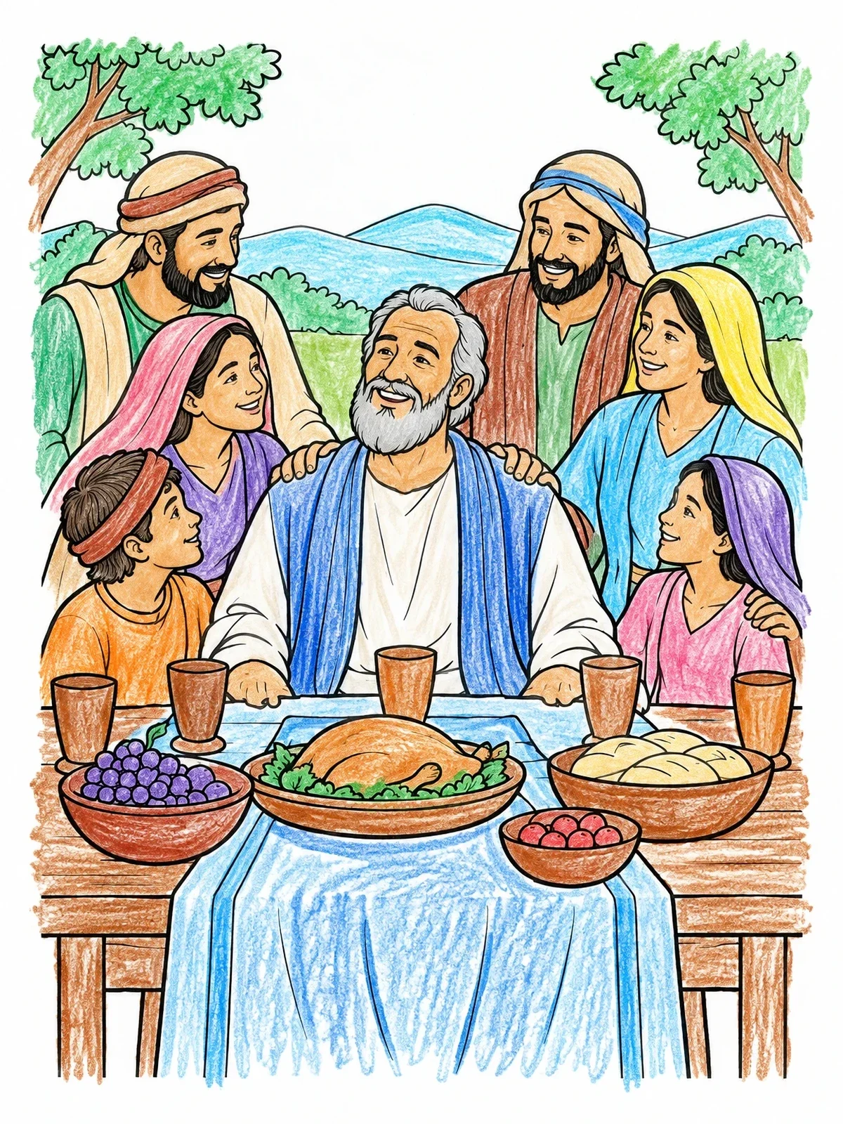 Colored example of the Job Celebrating With Family At Feast coloring page