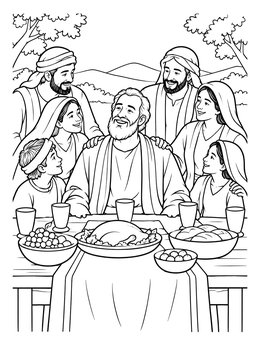 Job bible coloring page showing Job surrounded by smiling family members at an outdoor feast table.