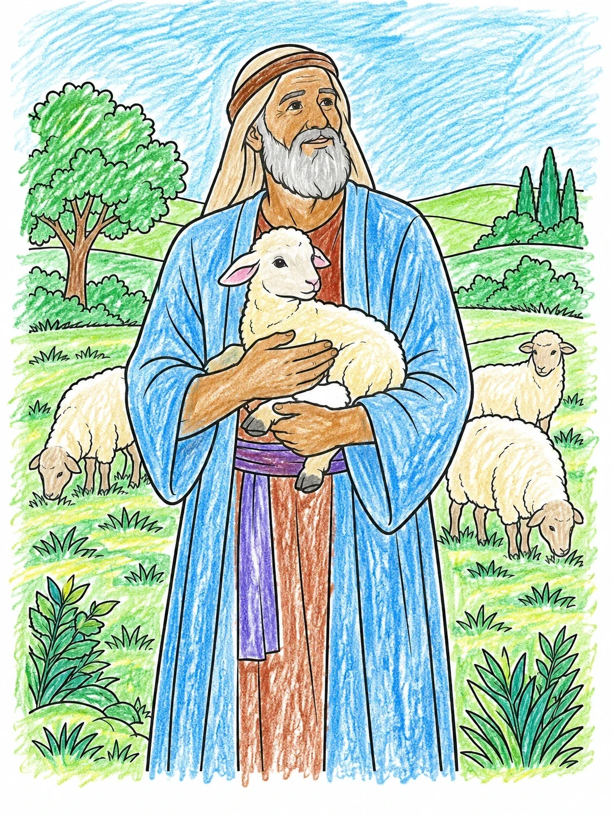 Colored example of the Job Holding A Lamb In Pasture coloring page