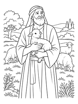 A serene job bible coloring page showing Job gently cradling a small lamb amid grazing sheep.