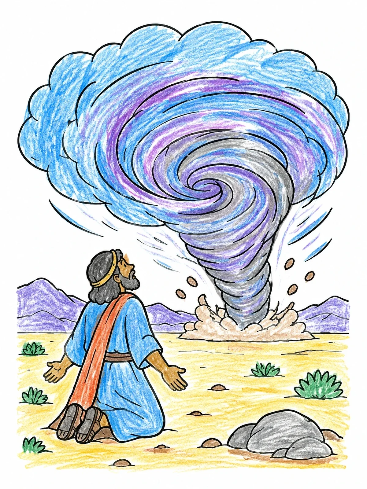 Colored example of the Job Kneeling Before The Whirlwind coloring page