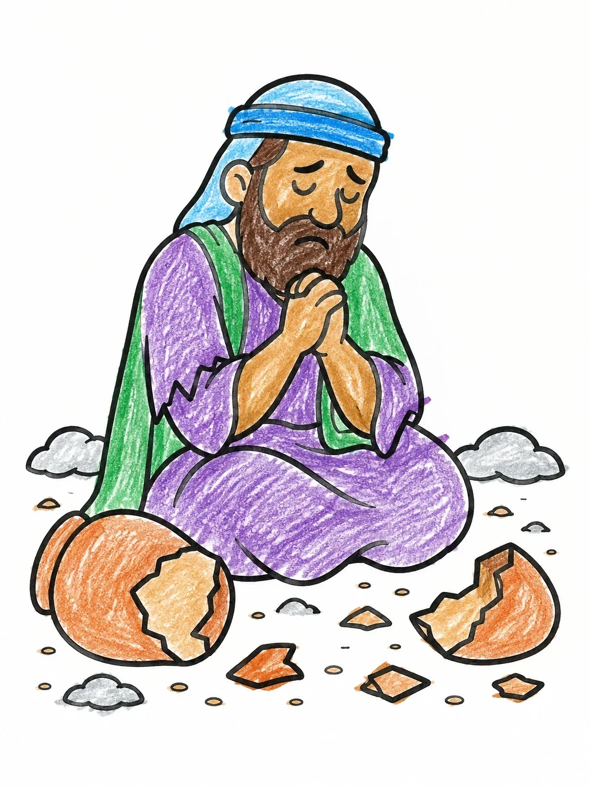 Colored example of the Job Praying Among Broken Pottery coloring page