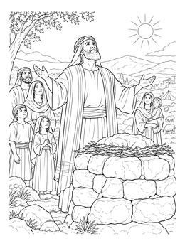 Job bible coloring page showing Job praying with raised arms at a stone altar surrounded by his family.