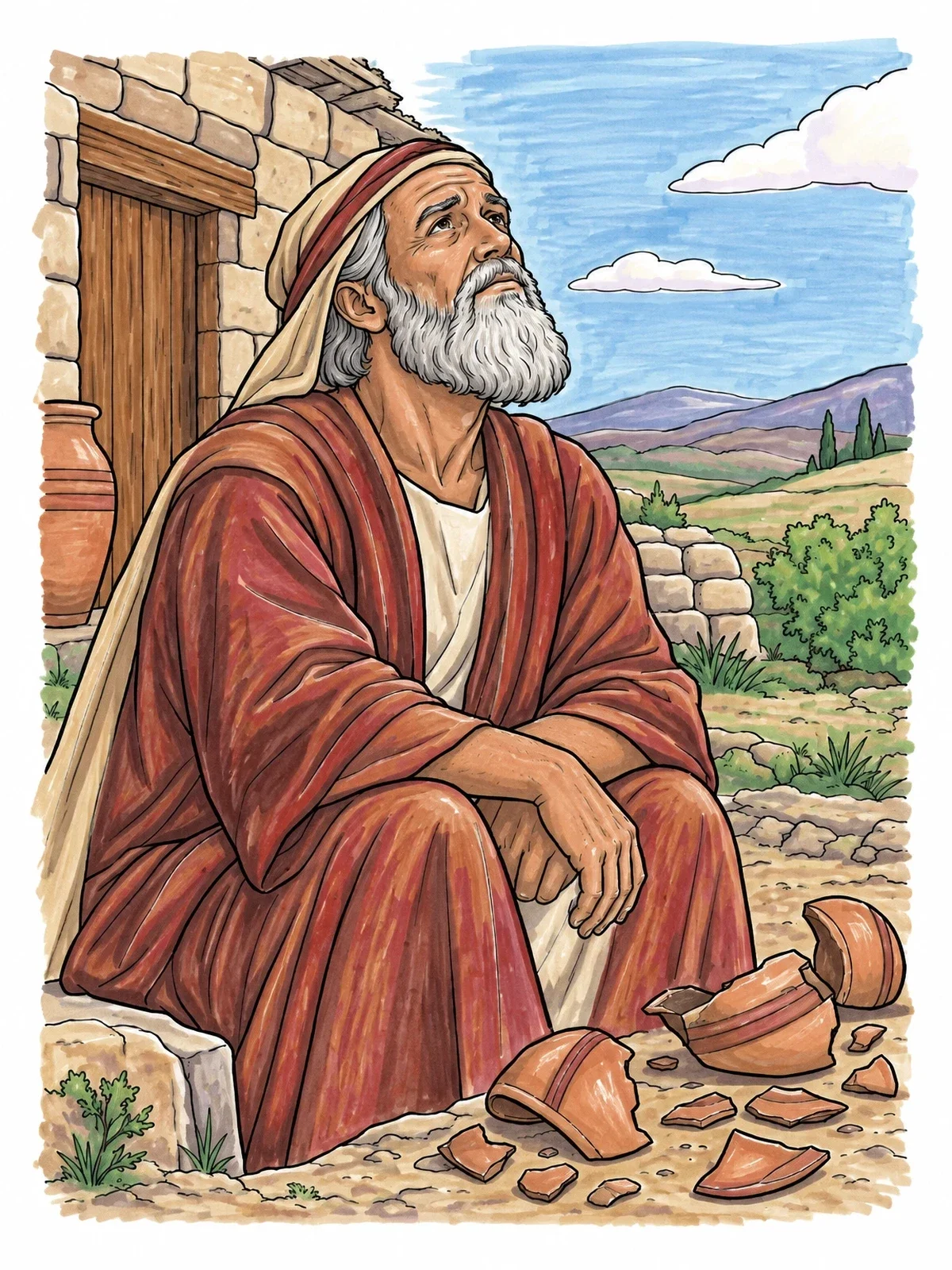 Colored example of the Job Sitting Beside Broken Pottery coloring page