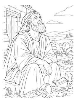 Faithful Job sits near pottery shards looking up to heaven in this job bible coloring page.