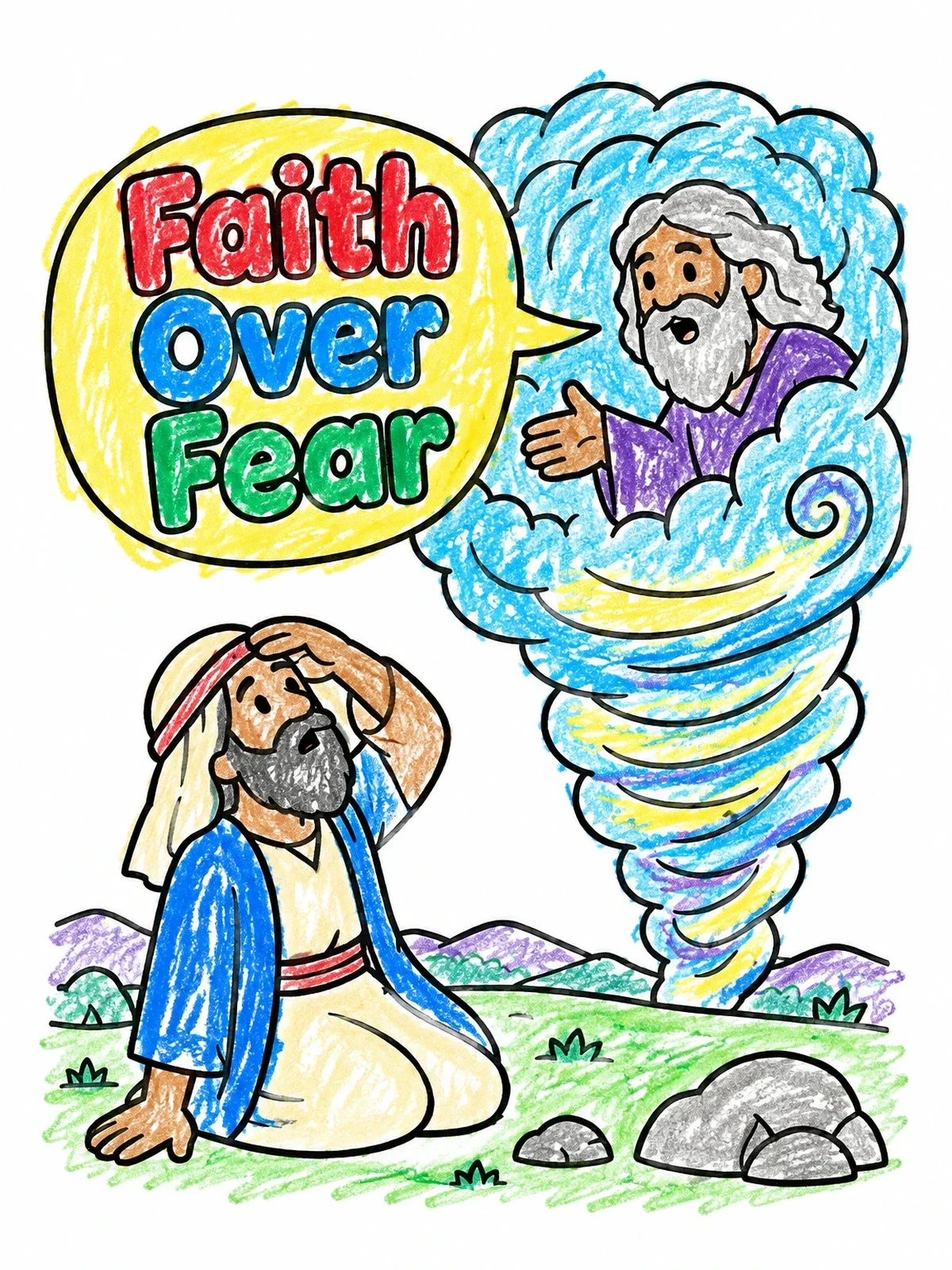 Colored example of the Job Hearing God In The Whirlwind coloring page
