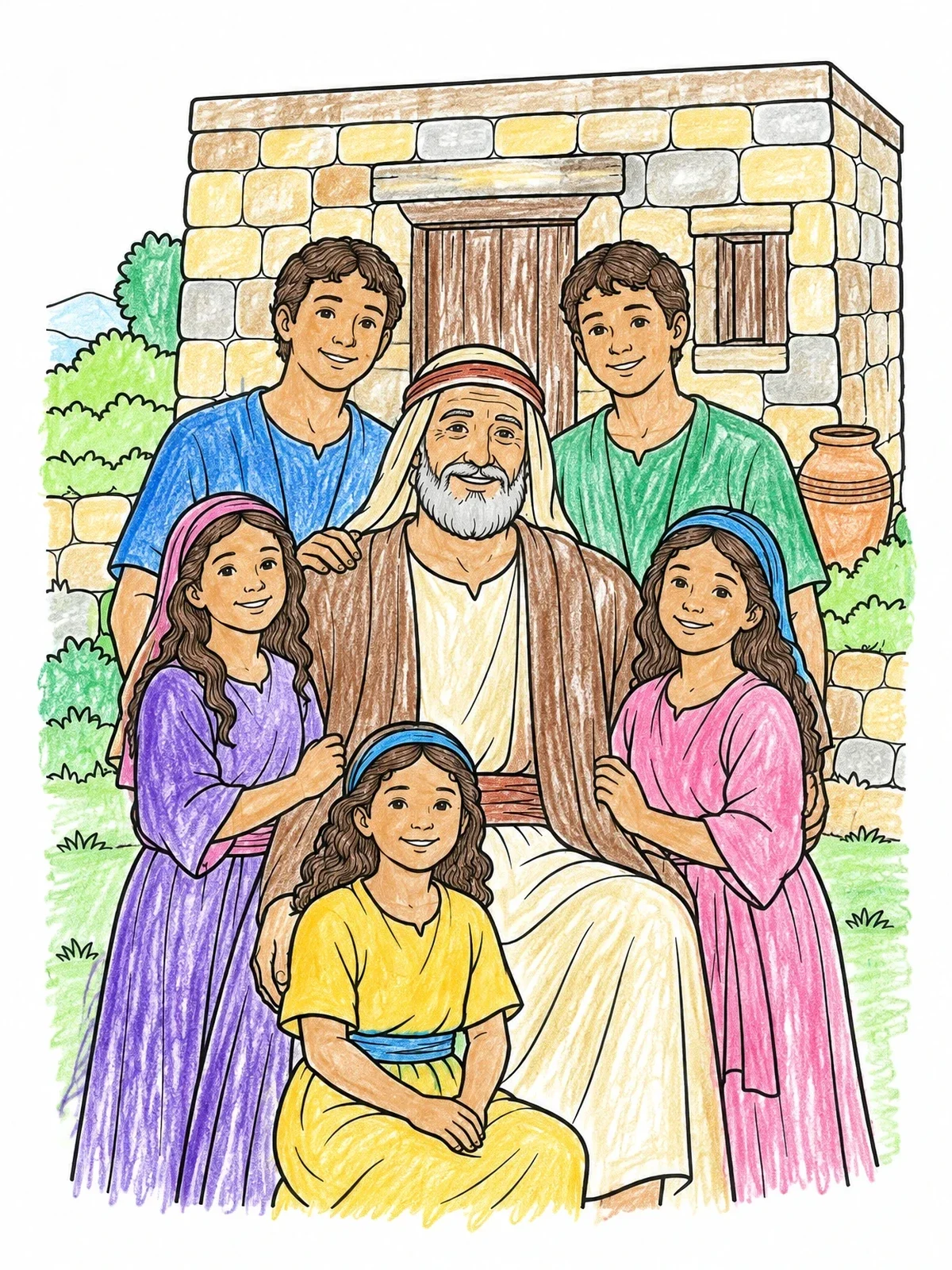 Colored example of the Job With His Blessed Family coloring page