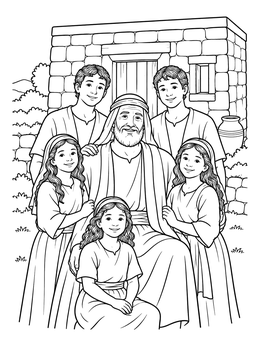 A peaceful job bible coloring page showing Job surrounded by his smiling children outside a stone house.