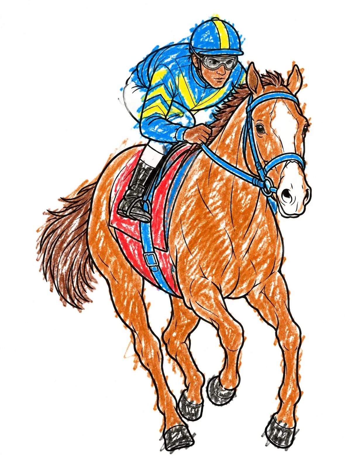 Colored example of the Jockey Galloping On Thoroughbred Racehorse coloring page