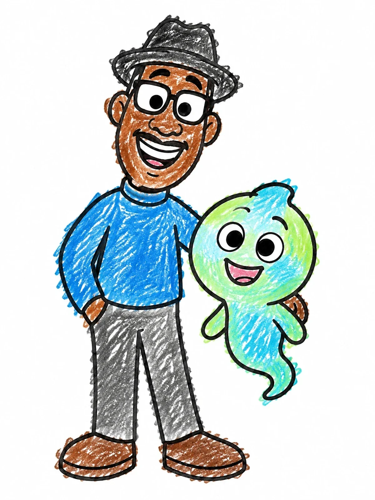 Colored example of the Joe Gardner And Friendly Soul Spirit coloring page