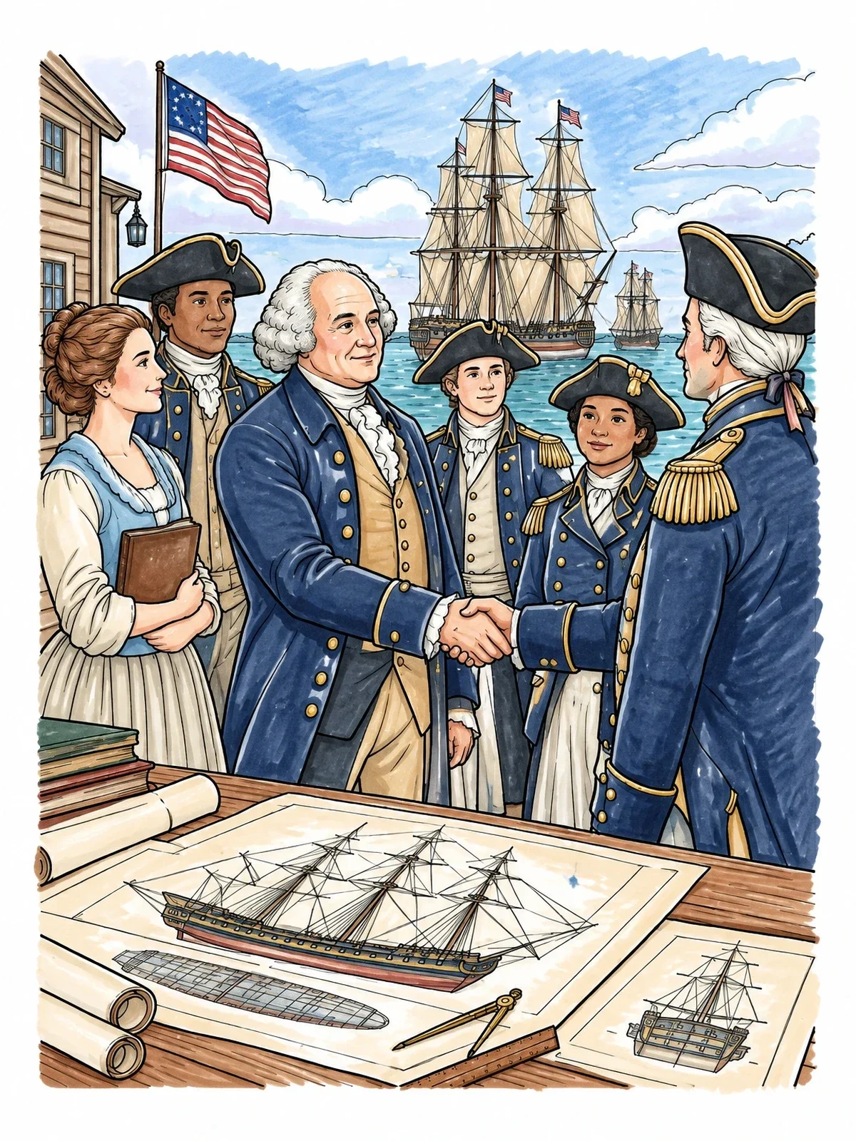 Colored example of the John Adams And Naval Officers coloring page