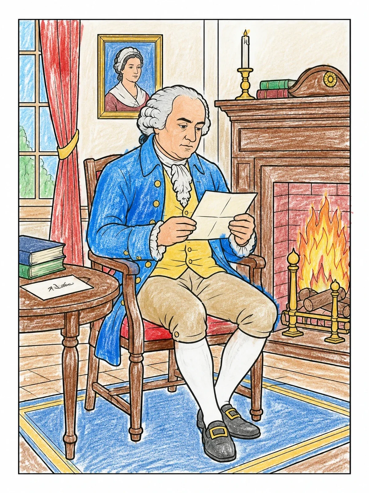 Colored example of the President John Adams Reading By The Fireplace coloring page