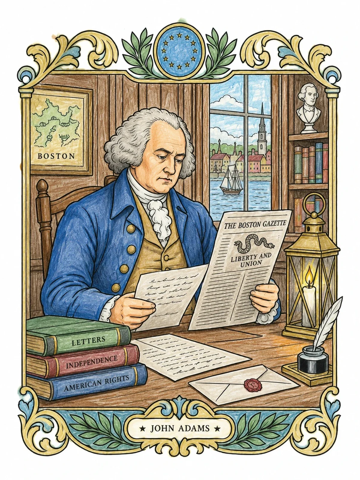 Colored example of the John Adams Reading In Colonial Study coloring page