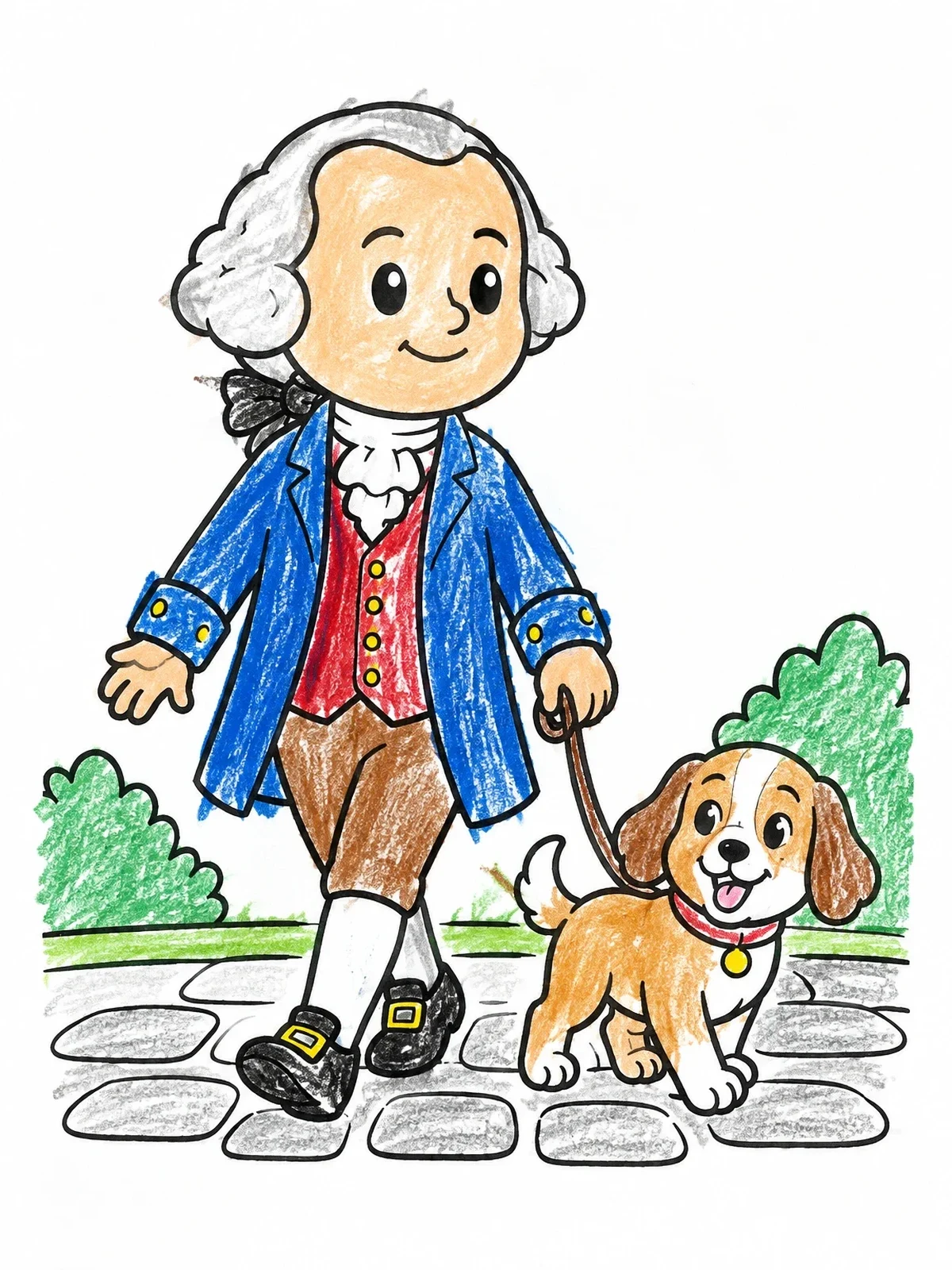 Colored example of the John Adams Walking A Cute Puppy coloring page