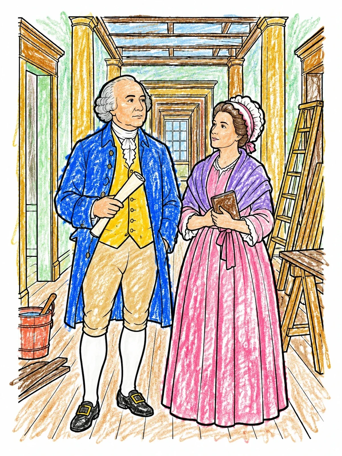 Colored example of the John And Abigail Adams In Unfinished Hallway coloring page