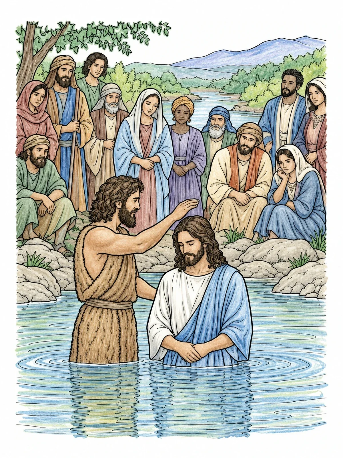 Colored example of the Baptism Of Jesus In The River coloring page