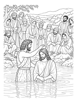 A detailed john the baptist coloring page showing John baptizing Jesus in the river before a crowd.