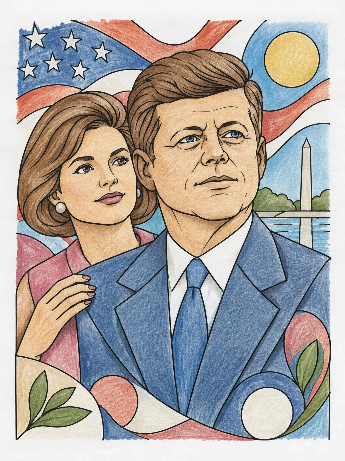 Colored example of the John F Kennedy And Jacqueline Portrait coloring page