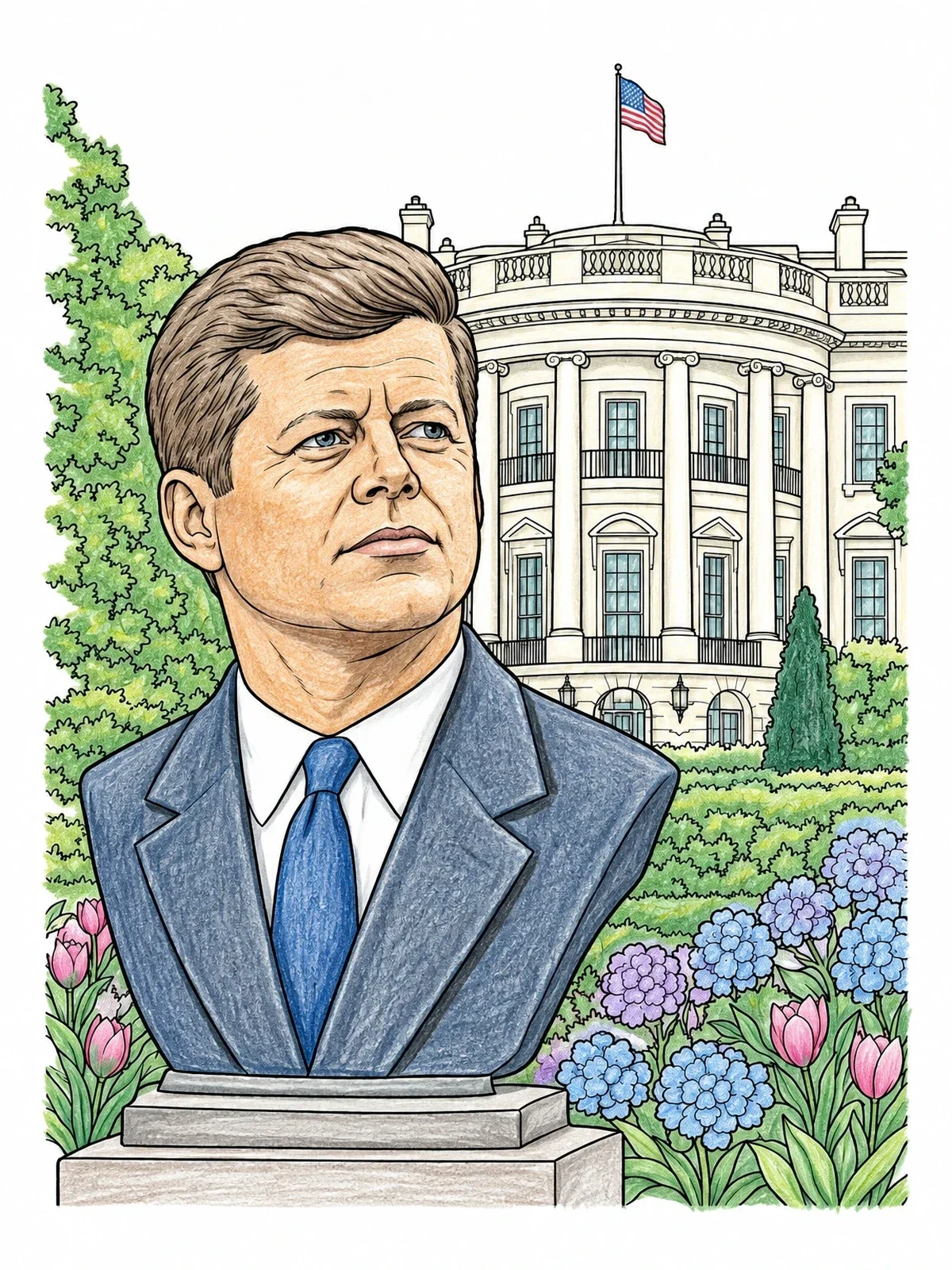 Colored example of the John F Kennedy Bust At White House coloring page