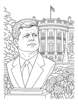 A detailed john f kennedy coloring page featuring a statue bust before the White House garden.