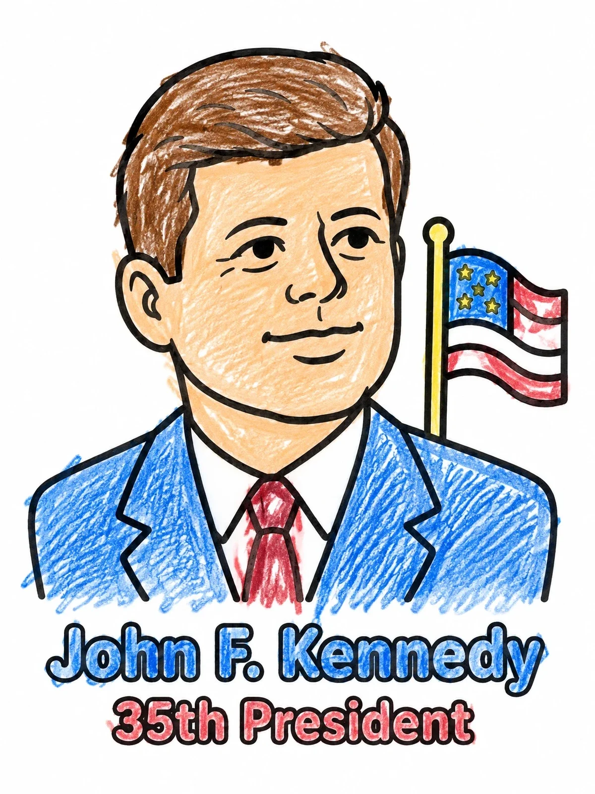 Colored example of the President John F Kennedy Portrait coloring page